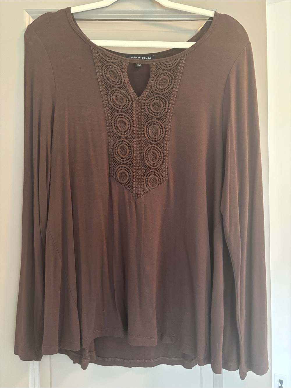 Cable & Gauge Brown Long Sleeve Crochet Yoke Top